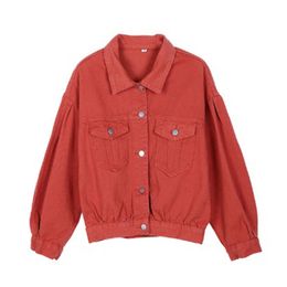 Women Short Cropped Denim Jacket Button Long Sleeves Jackets Turn Down Collar Puff Sleeve Purple Red Khaki C0164 210514