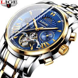 LIGE Mens Watches Top Brand Luxury Mechanical Watch Men All Steel Business Waterproof Automatic Clock Relogios 210527