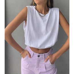 Summer White Sleeveless T-shirt Womens Y2k Fashion Casual Loose Cotton Crop Tops Harajuku Korean O-Neck Basic Cropped T-Shirt 210515