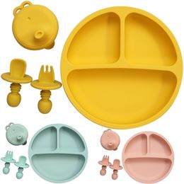 Portable Kids Foldable Lid Baby Bowl+Spoon+Fork Feeding Food Tableware Set Child Dishes Dinnerware Training Plate And Spoon 211026