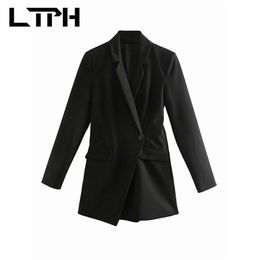 simple Fashion Single Button black women blazer jackets mid-length Slim Business Casual Solid coat Spring Autumn 210427