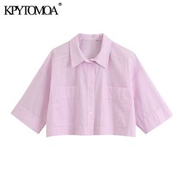 Women Fashion Striped Loose Cropped Blouses Short Sleeve Pockets Female Shirts Blusas Chic Tops 210420