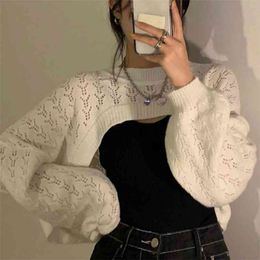 Cutout Pullover Autumn Western Style Korean- Loose-Fit Long-Sleeved White Sweater Top Women's Short 210529