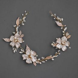 SLBRIDAL Handmade Rhinestones Opal Crystal Freshwater Pearls Alloy Flower Wedding Headband Bridal Bridesmaids Women Hair Jewelry X0625