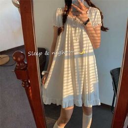 Korean Nightdress Women Summer White Dress Vintage Princess Nightgown College Style Sweet Sleepwear Plus Size Home Wear 210924