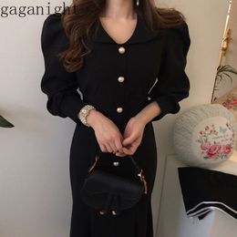 Gaganight Elegant Women Buttton Maxi Bodycon Dress Long Sleeve Turn Down Collar Party Dresses Office Lady Korean Spring Vestidos 210519