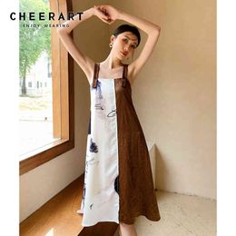 White And Brown Patchwork Summer Spaghetti Strap Dress A Line Desinger Graffiti Print Long Dresses For Women 210427