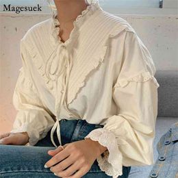 Korean Style Cotton Vintage Elegant Tops Women Shirt Loose Clothing Solid Long Lantern Sleeve Blouse Blusas 9580 210518