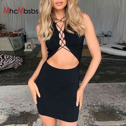 Sexy Sleeveless Hollow Out Bodycon Mini Dress Women Y2K Lace Up Club Party Wrapped Hip Dresses Outfits Summer 210517