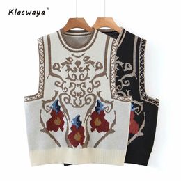 Women's Retro Totem Flower Pattern Sleeveless Vest Ethnic Style Jacquard Contrast Color All-Match Pullover Knitted 210521