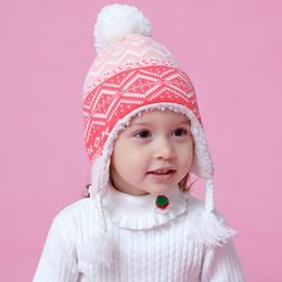 pink pompoms Australia - Winter Hat Girl Earflap Fleece Beanie Autumn Knit Warm Kid Pompom Pink Acrylic Skiing Outdoor Accessory For Toddler Baby Caps & Hats