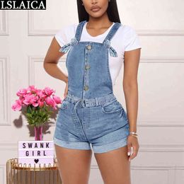 Denim Shorts Jumpsuit Pocket Button Backless Women Fashion Personalized Casual Streetwear Pantalones Cortos De Mujer 210520