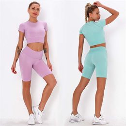 2Pcs Women Sport Suit Gym Set Crop Top Seamless Shorts Push ups Workout Running Clothing Wear Athletic Sportsuit Yoga 210813