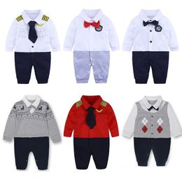 Baby Boys Tuxedo Clothes Formal Uniform One Piece Romper With Ties Boys Wedding Jumpsuit with Bowtie Long Sleeves Outfits 210413