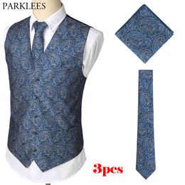 Men's Classic Party Wedding Paisley Plaid Floral Jacquard Waistcoat Vest Chalecos Para Hombre 3pcs (Pocket Square Tie Vest )Set 210522