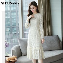Autumn Long Sleeve High Waist Korean Style Thin Lace Round Neck Dresses Vintage Over The Knee Dress Women 210423