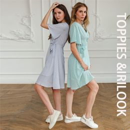 Toppies Summer Short Sleeve Shirts Dress Polka Dot Printing Woman v-neck Lace Up Belt vestido 210623