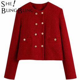 SheBlingBling Za Woman Casual Traf Crop Tops Autumn Tweed Woollen Double Breasted O-Neck Red Jacket Female Regular Fit Coats 210930