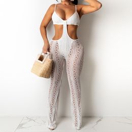 Hollow Out Sexy Summer Beach Jumpsuit See Through Party Clubwear Overalls Sleeveless Lace Romper 210521