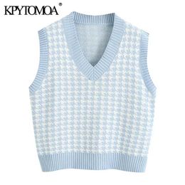 KPYTOMOA Women Fashion Houndstooth Loose Knitted Vest Sweater V Neck Sleeveless Side Vents Female Waistcoat Chic Tops 211009