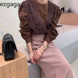 Ezgaga Two Piece Set Women Korean Chic O-Neck Lace Patchwork Shirts and High Waist Skirts Fashion Blouse Elegant Jupe Outfits 210430
