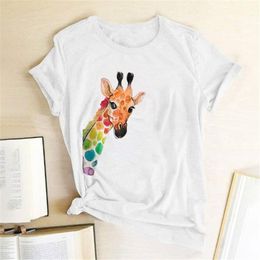 Womens T-shirt Colourful Giraffe Printed Women Summer Graphic Tee Aesthetic Clothes Streetwear Crew Neck Tops for Teens Mujer Camisetas