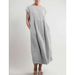 Summer And Solid O Neck Sleeveless Loose Cotton Linen Pocket A-Line Casual Dresses Women 210615