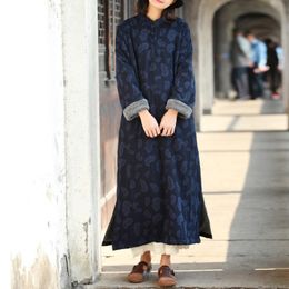 Johnature Jacquard Cotton Linen Dresses For Women Stand Long Sleeve Spring Vintage Button Women Chinese Style Thick Dresses 210521