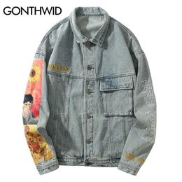 GONTHWID Van Gogh Painting Patchwork Embroidery Denim Jackets Hip Hop Casual Loose Jean Streetwear Fashion Outwear Coats 211217