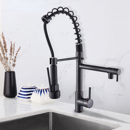 Black Spring Kitchen Faucet Pull out Side Sprayer Dual Spout Tap Deck Mount Kitchen Mixer Tap Kitchen Cold Hot Water tap Crane