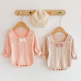 Spring Baby Girl Rompers Long Sleeves Knit Bowknot Autumn born Clothes 210429