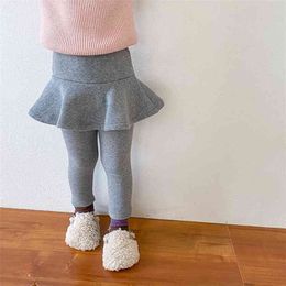 Autumn Winter girls cotton solid Colour falbala pantskirt little princess warm base pants 210708