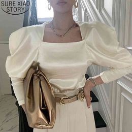 Glossy Ivory Color Puff Blosue Square Collar Shirt Women Korean Elegant Long Sleeve Silky Tops Blusas 12908 210417