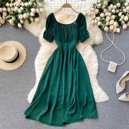 Green/Pink/Red Square Collar Draped Dress Women Elegant Short Sleeve High Waist A-Line Pleated Vestidos Female Summer 2021 New Y0603