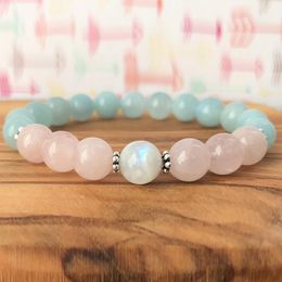 MG1201 Aquamarine Rose Quartz Bracelet Natural Moonstone Wrist Mala Crown Chakra Crystals Heart Chakra Yoga Bracelet