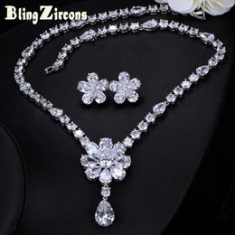 Earrings & Necklace BeaQueen Beautiful Big Flower Pendant And Women Cubic Zirconia Elegant Wedding Bridal Jewellery Sets JS126