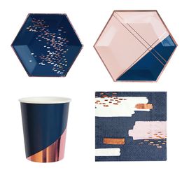 Pink Blue Paper Cups Plate With Napkins Disposable Rose Gold Paper Tableware For Party Cake Wedding Birthday Banquet Decoration Supplies