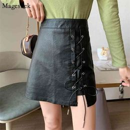 Fashion Black Leather Skirt Women A-Line Female High Waist PU Casual Lace-Up Causal Solid Mini s Mujer Faldas 11368 210512