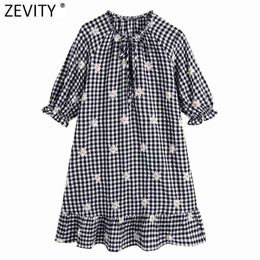 Women Vintage Flower Embroidery Plaid Straight Mini Dress Female Chic Bow Tied Hem Ruffles Kimono Vestido DS8268 210416