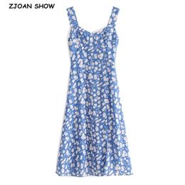 Summer French Hem Slit Blue Colour Floral Print Women Dress Adjust Tie Bow Strap Sleeveless Dresses Beach Holiday vestidos 210429