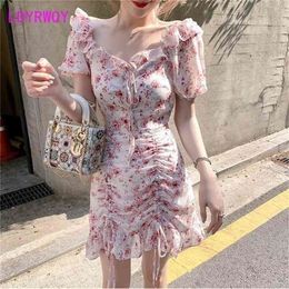 LDYRWQY summer French chiffon trim square collar fashion temperament dress Office Lady Polyester 210416