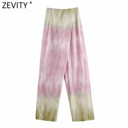 Women Fashion Gragual Color Tie Dyed Printing Satin Wide Leg Pants Retro Female Side Zipper Chic Long Trousers P1030 210416