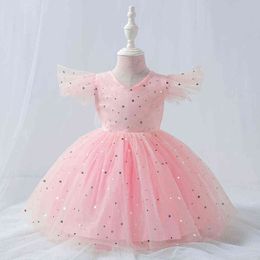 Summer Sequined Stars Lace Dress Princess Child Girl Wedding Children Dress Up Clothes First Birthday Baby Girl Dress 24 months G1129