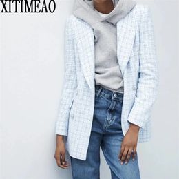 Za Women Suit Jacket Tweed Blazer Female Double Breasted Check s Coat Plaid Checkered 211019