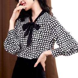 Korean Blouse Women Chiffon s Woman Polka Dot Shirts Long Sleeve Tops Plus Size V-neck Bow Ribbon Shirt 210604