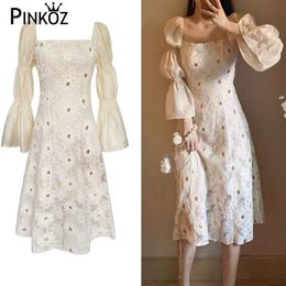 white lace crystal dot square collar flare long sleeve patchwork midi dress A-line sweet girl lady robe vintage vestidos 210421