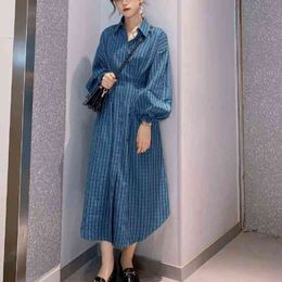 Fashion Slim Waist Plaid Shirt Dress Woman Chic Lantern Sleeve Design Long Sleeve Robe Femme Vestido Feminino 210514