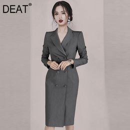 spring and summer fashion women clothes notched collar full sleeves double breasted suit dress WP84101L 210421