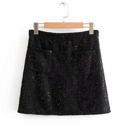 Women Fashion Sweet Mini Skirts Solid Sequins Slim Lining Back Zip Female Street Skirt Clothing WW6682 210513