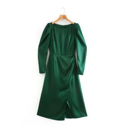 Summer Women Elegant Temperament Green Split Fork Dress Female Puff Sleeve Back zipper Canonicals 210520